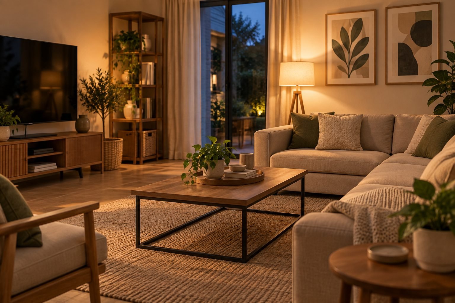 A tidy living room in the evening with everything returned to its place, one lamp lit, ready for the next morning