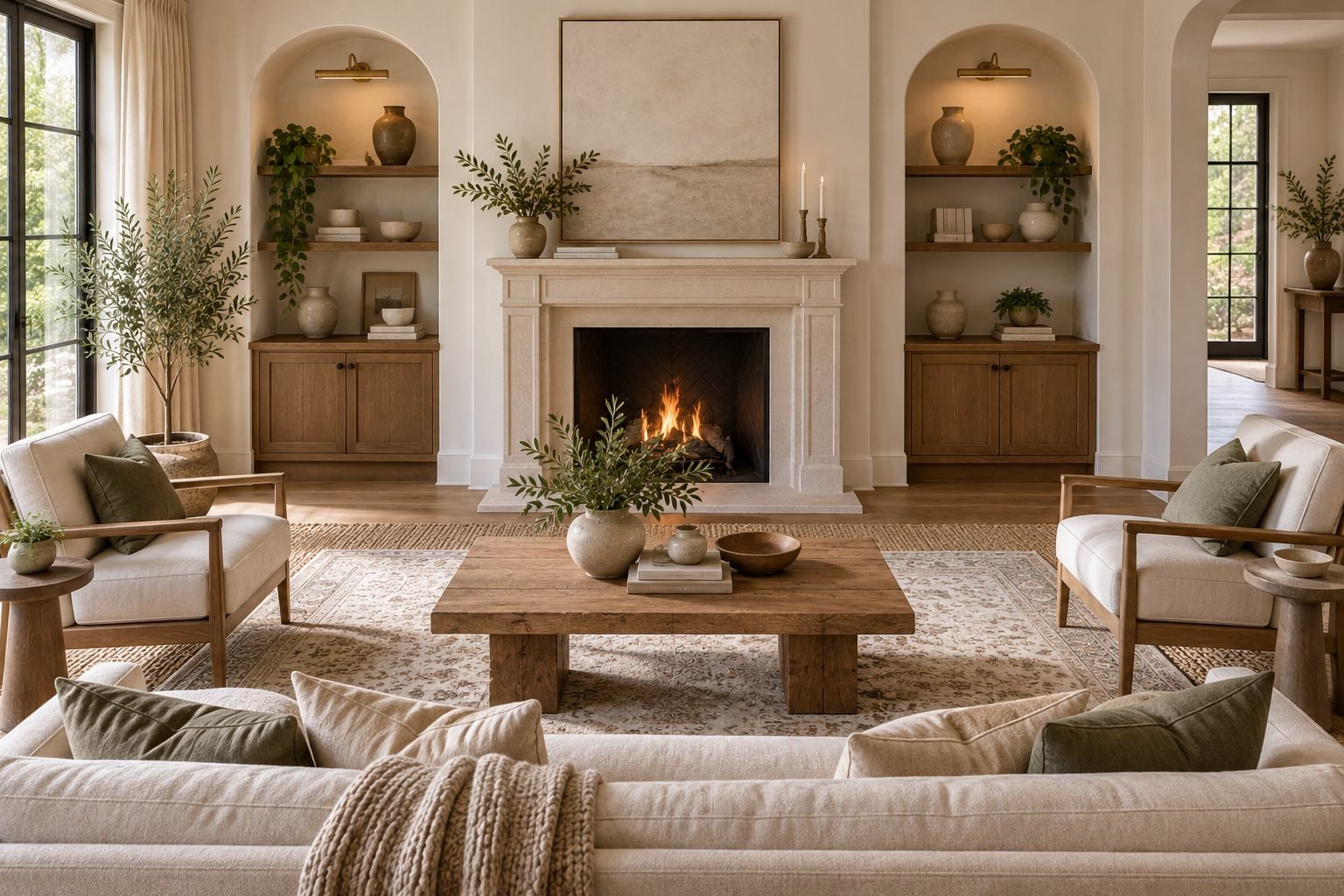 An elegant, symmetrical living room with a fireplace centered on the wall, a sofa flanked by two matching chairs