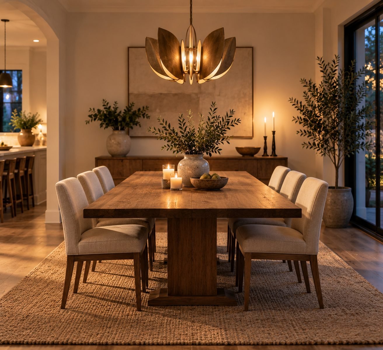 A dining room with a sculptural chandelier as the clear focal point above the table, the rest of the room kept simple