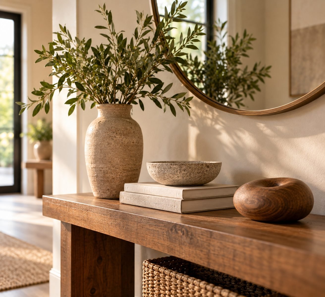 A console table styled with three objects of varying height, a vase, a stack of books, and a small sculpture
