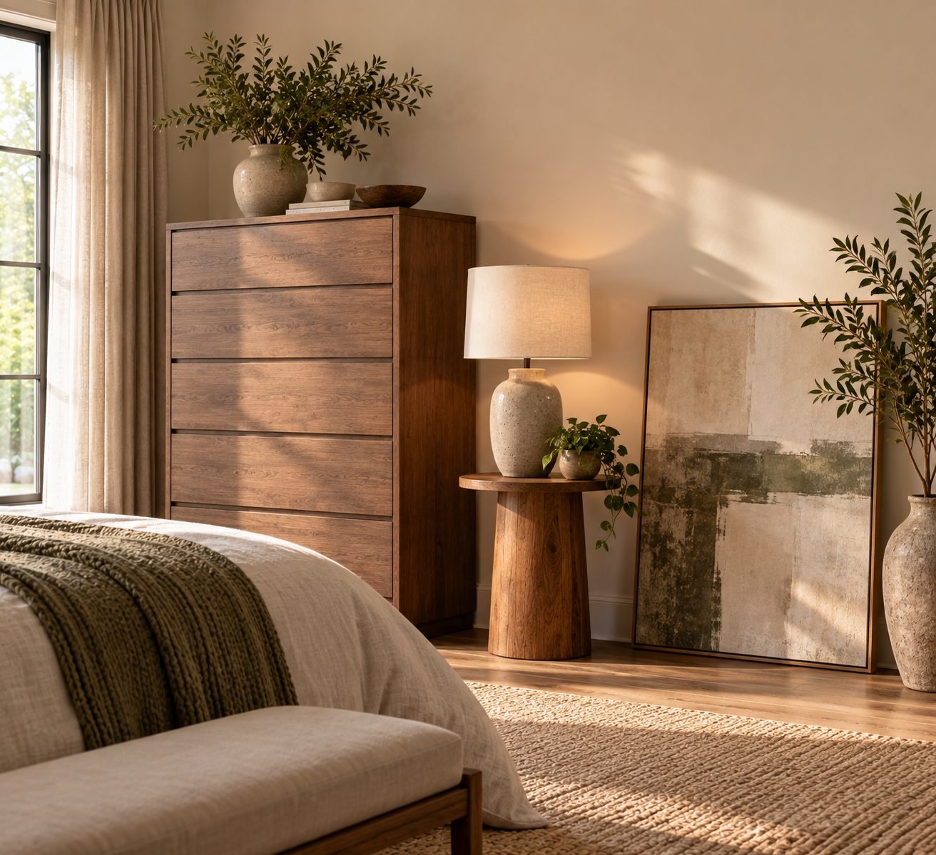 A bedroom corner with a tall dresser, a mid-height lamp, and low artwork leaning against the wall, creating varied height