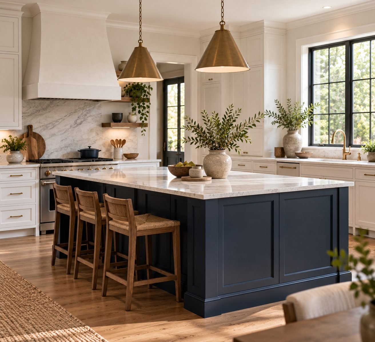 A kitchen with a dark navy island set against white cabinetry, using deliberate contrast as a design choice