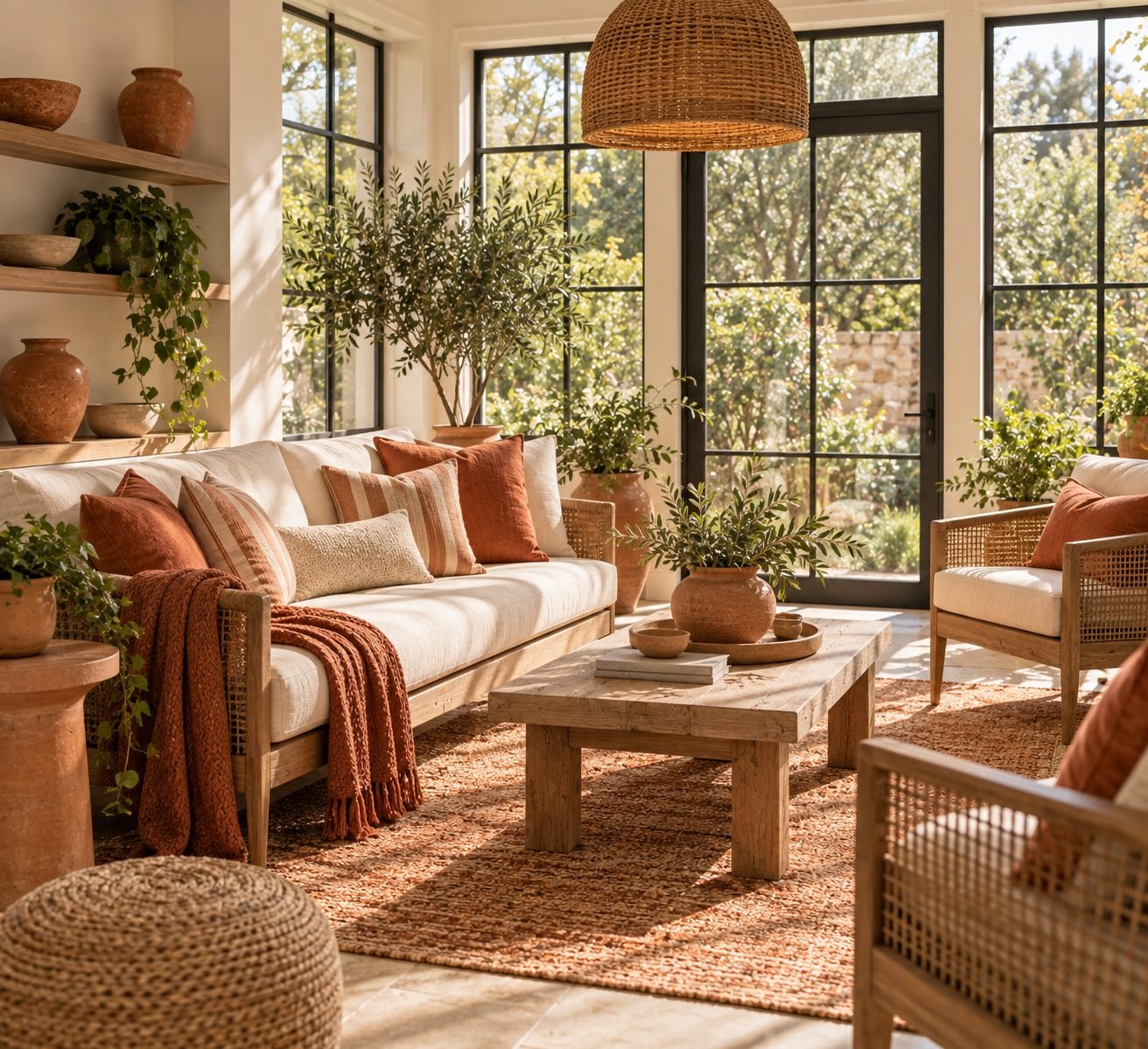 A sunroom with a consistent warm terracotta and cream color story carried across the cushions, walls, and ceramics