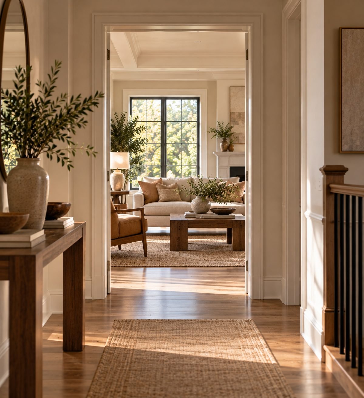 A hallway view looking through an open doorway into a well-composed living room beyond, considering the sightline between rooms