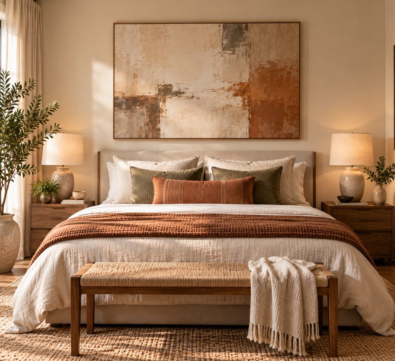 A bedroom with a large-scale piece of art hung above the bed, sized to span roughly two-thirds of the headboard's width