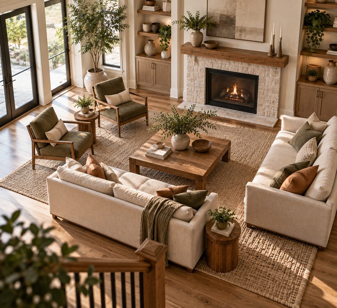 A family room viewed from above, showing a large rug sized so all the seating furniture sits fully within its edges