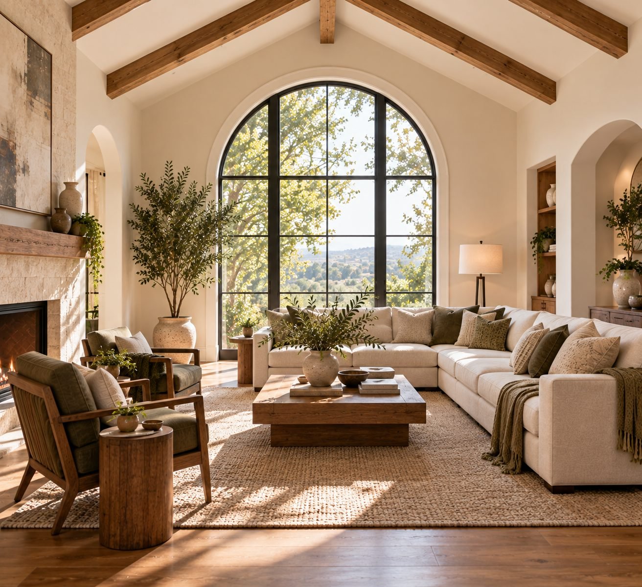A living room with exposed wood ceiling beams and an arched window, with furniture and decor chosen to complement the existing architecture