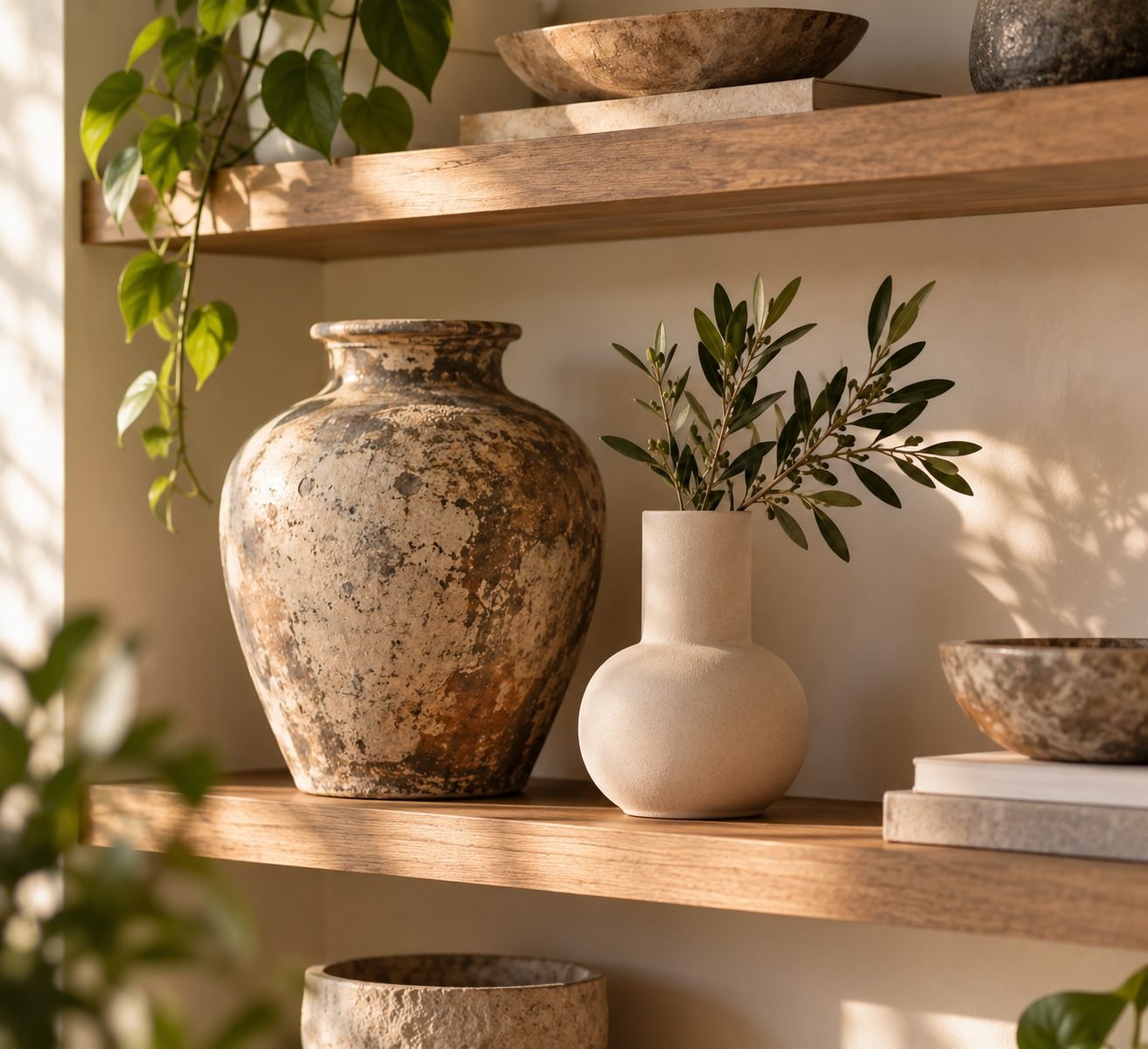 A shelf styled with an inherited antique ceramic piece next to a simple, inexpensive modern vase, mixing high and low