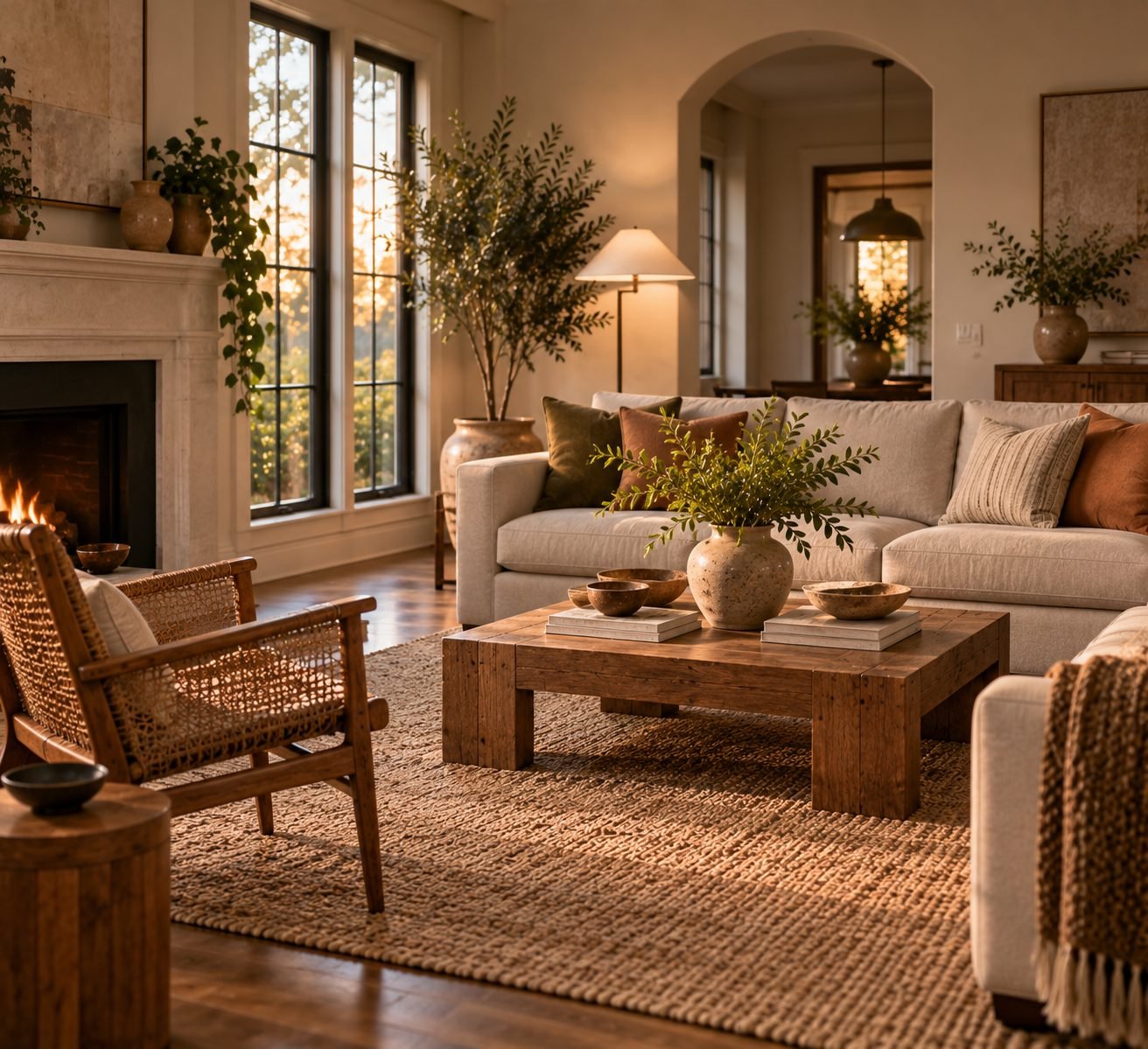 A living room mixing a vintage rattan chair with a modern sofa, showing a home that has clearly evolved and been added to over time