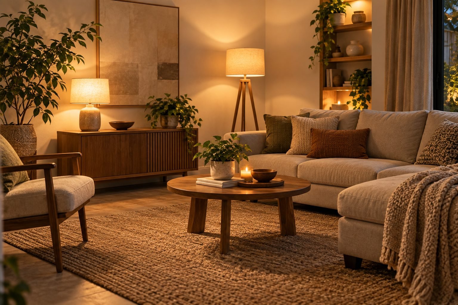 A warm, well-styled living room corner with layered lighting, a properly sized area rug, and a few considered objects on the coffee table