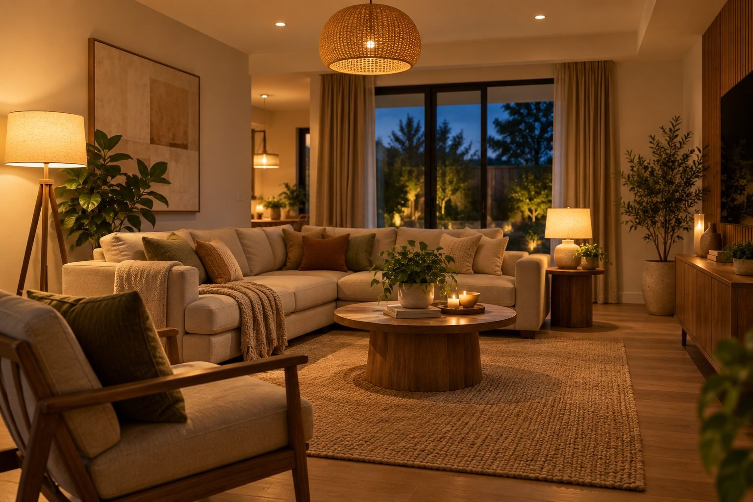 A living room lit by overhead lighting, a floor lamp, and a table lamp, creating layered light at different heights