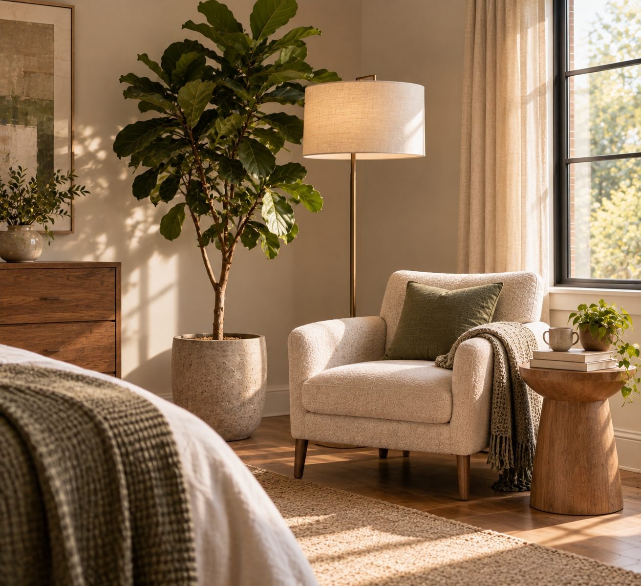 A living room corner with a tall floor lamp and a large potted tree adding height, next to lower furniture