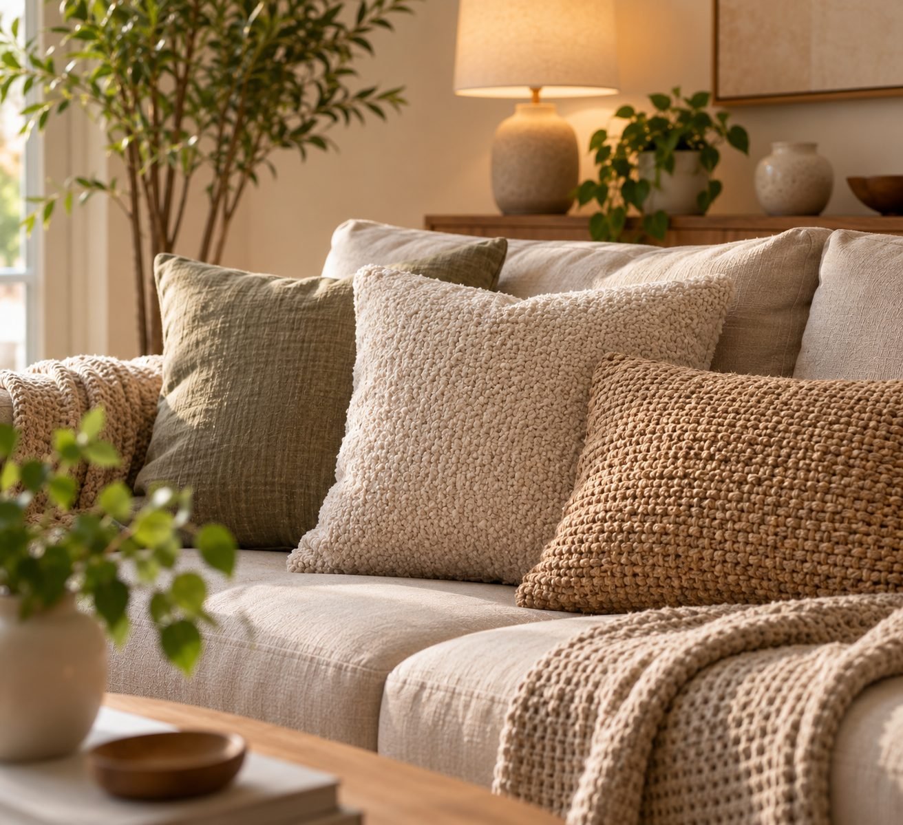 A sofa styled with pillows in linen, boucle and woven textures, all in a similar neutral color palette