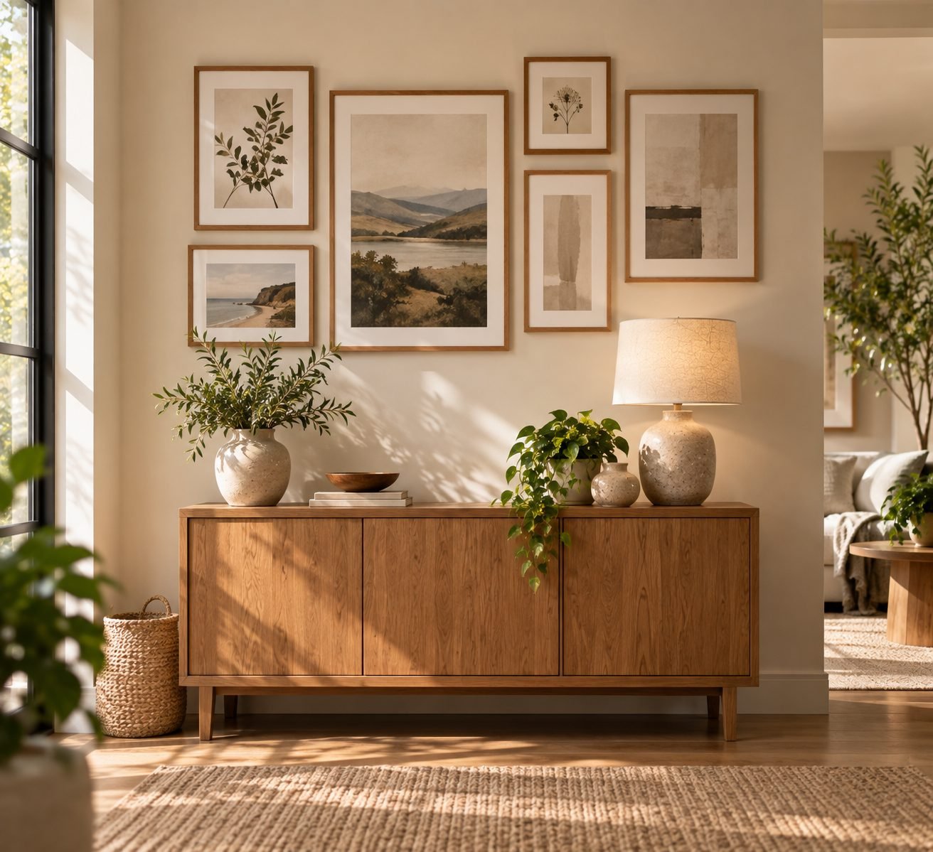 A gallery wall of framed prints using matching wood frames of different sizes, arranged in a considered grid