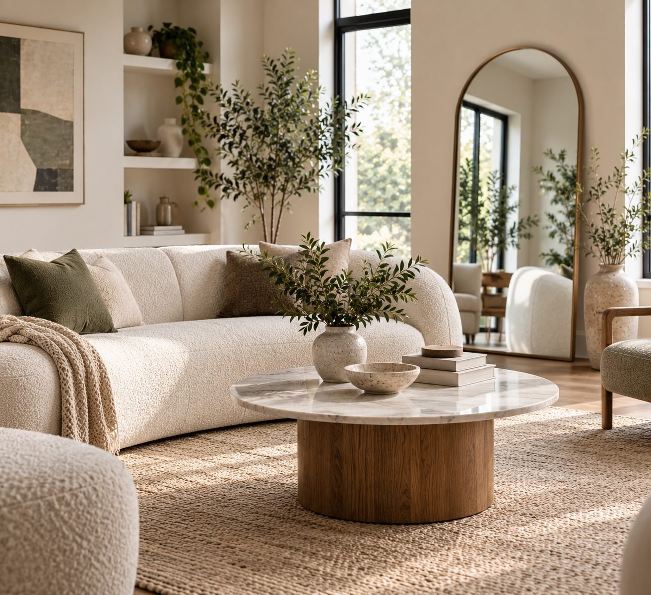 A living room with a round coffee table and an arched mirror softening an otherwise rectangular room full of straight lines