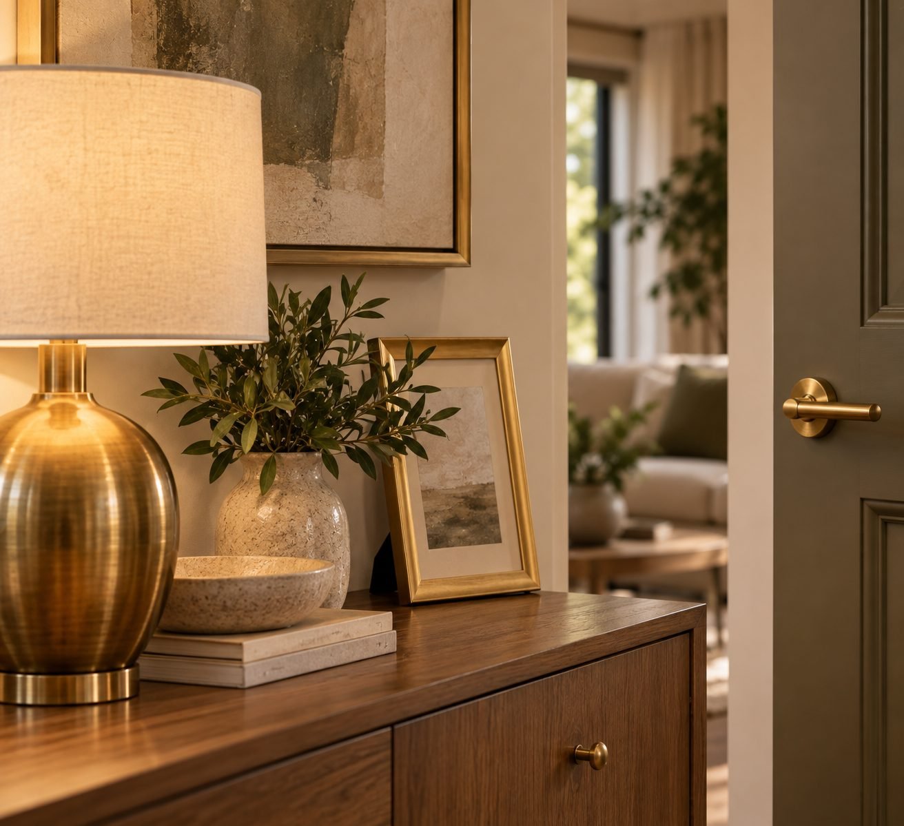 A room with brass hardware repeated across a lamp base, picture frames, and door handles for a cohesive finish