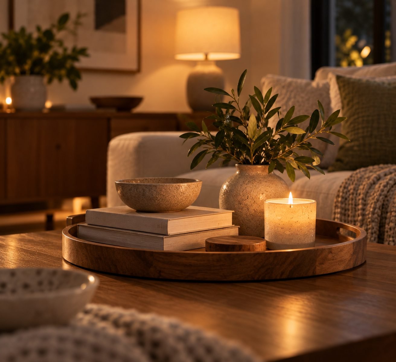 A coffee table styled with a tray, a stack of books, and a lit candle in a ceramic holder for warm ambient light