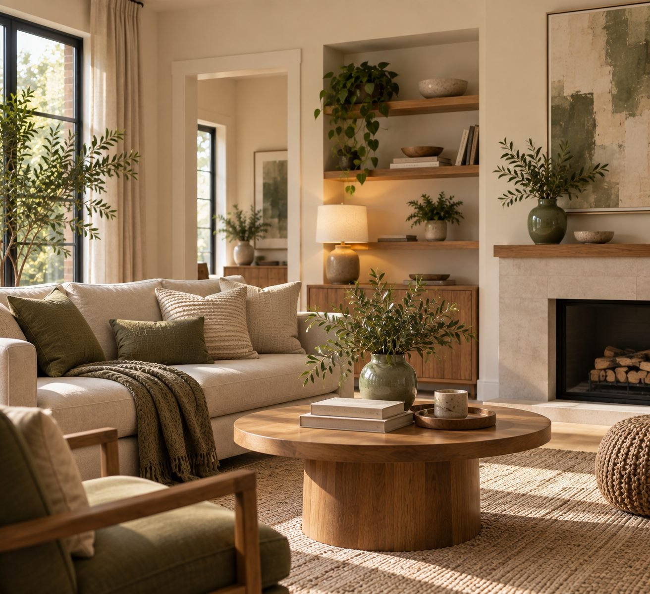 A living room where a sage green accent appears in a throw pillow, a vase, and a piece of art, tying the room together