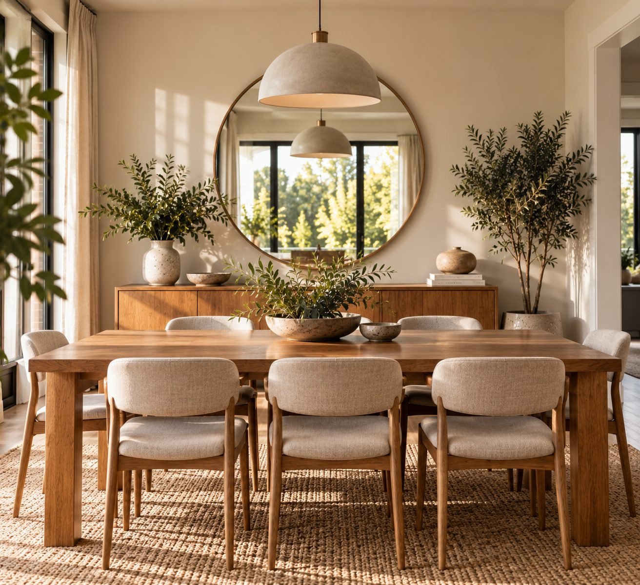 A dining room with a large mirror hung on the wall opposite a window, reflecting daylight back into the room