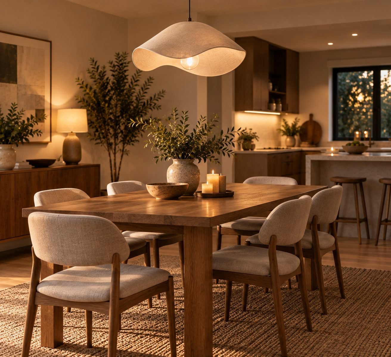 A dining area with a sculptural pendant light fixture hanging above the table as the room's clear focal point