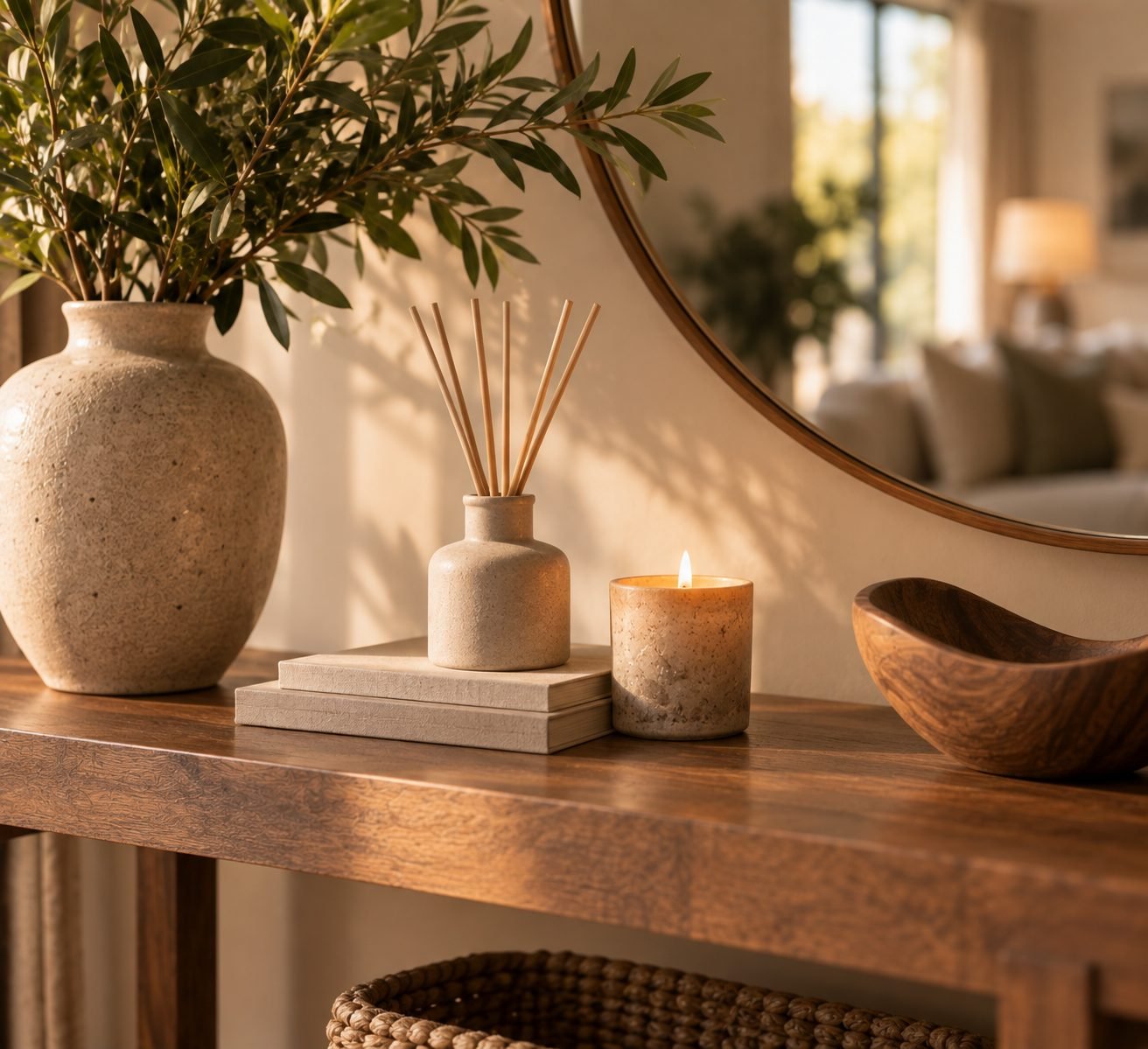 A console table styled with a diffuser and a small candle alongside decorative objects, adding scent to the room