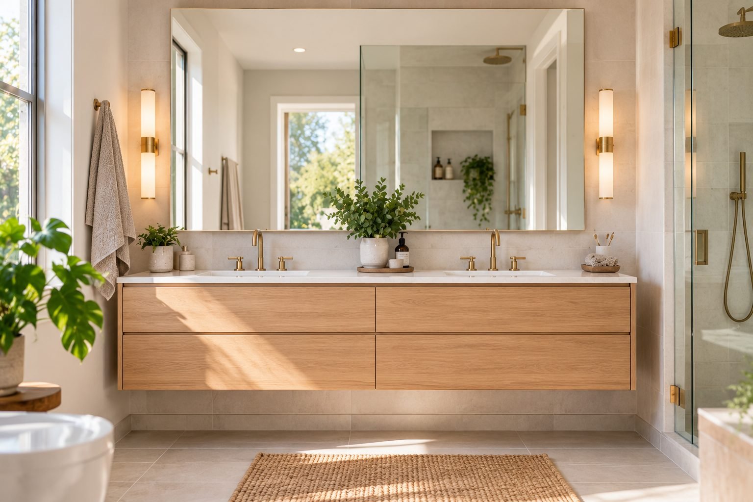 A bright small bathroom with a floating light-wood vanity, an oversized mirror, and brass fixtures