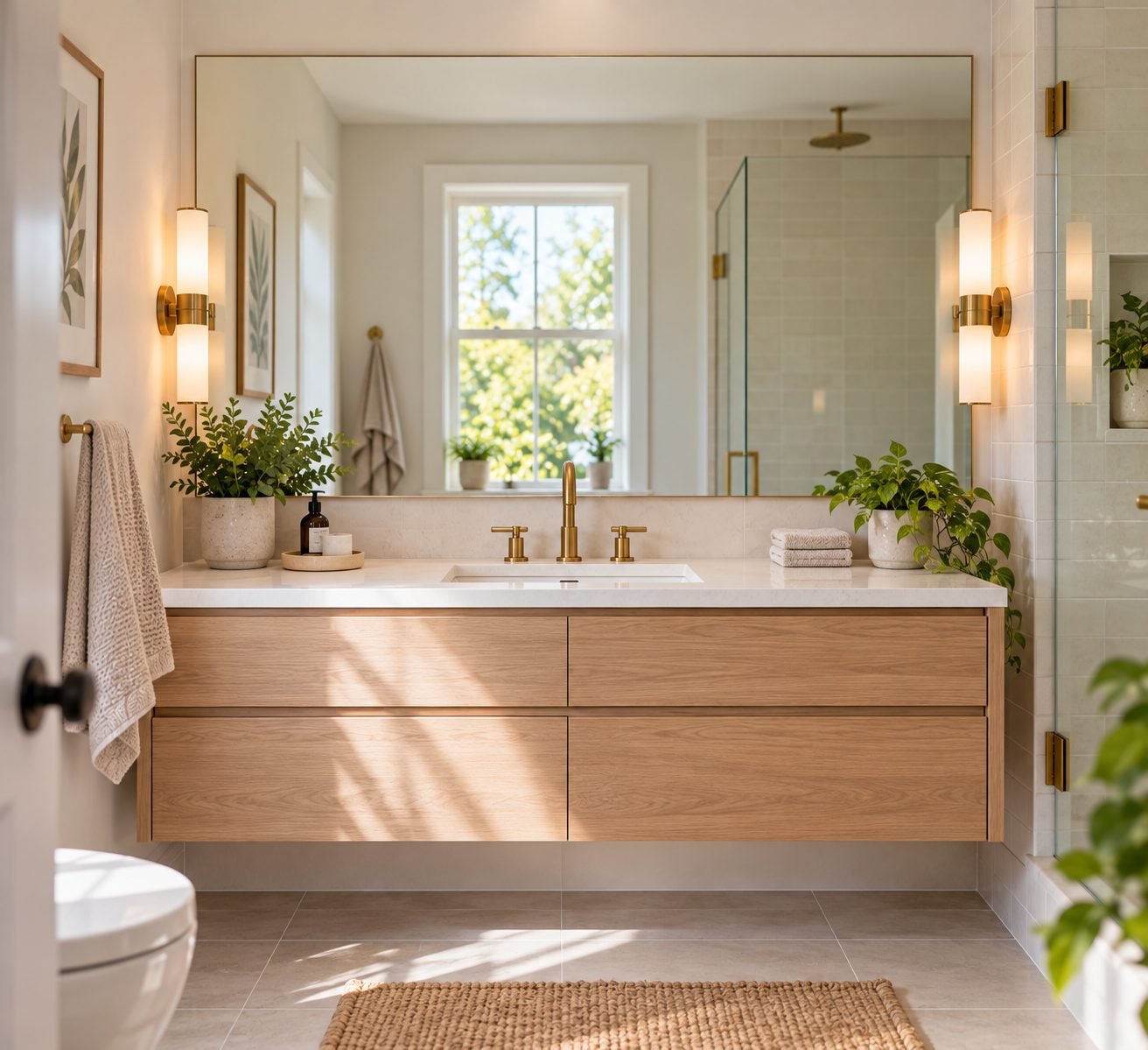 A small bathroom with an oversized mirror spanning almost the full width of the vanity, reflecting light and the window opposite it