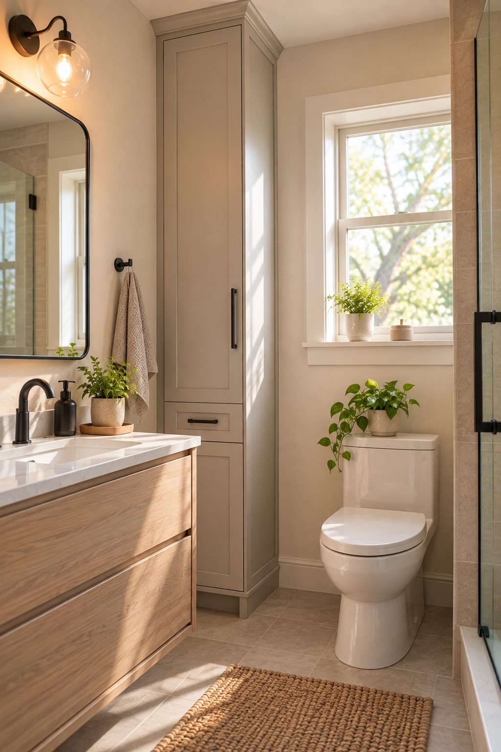 A small bathroom with a tall, narrow linen cabinet reaching close to the ceiling, occupying minimal floor width