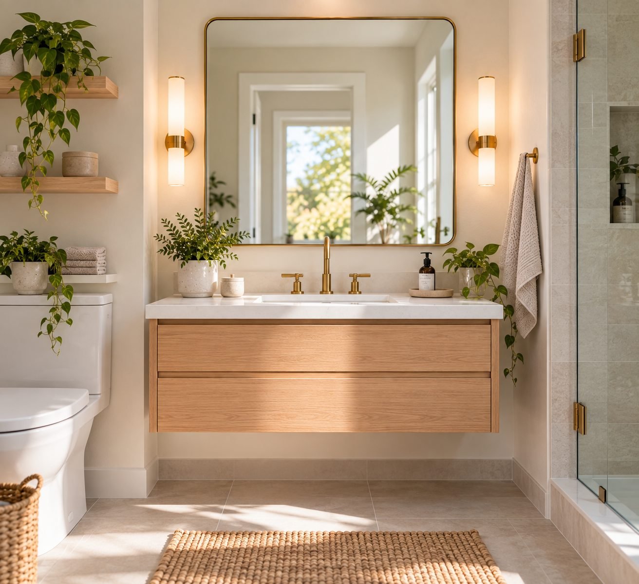 A small bathroom with a wall-mounted floating vanity, showing the floor beneath it and making the room feel more open