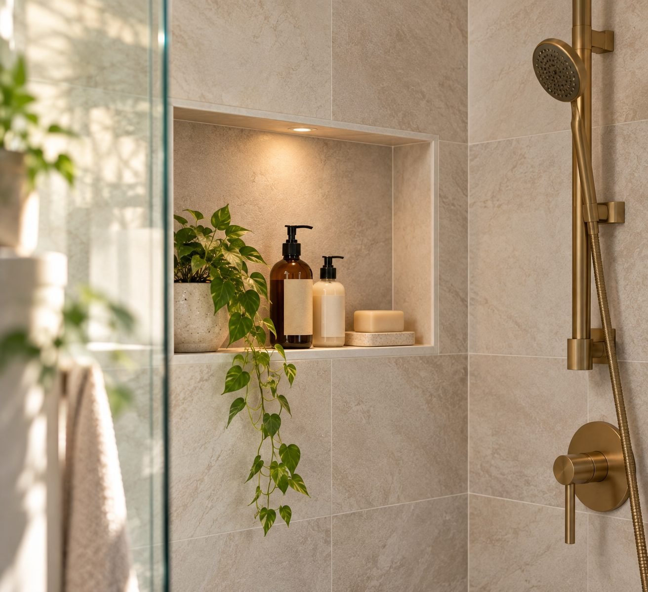 A recessed tiled niche built into a shower wall holding bottles and a bar of soap, instead of a freestanding shelf caddy