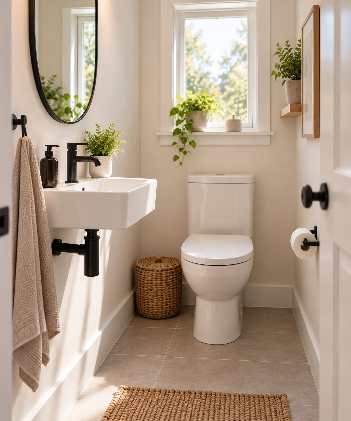 A small bathroom with a slim wall-mounted sink, leaving the floor beneath it visible in a tight space