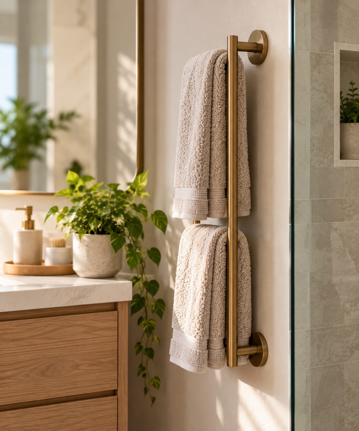 Two neatly rolled towels hanging vertically on a slim wall-mounted bar in a small bathroom, taking up minimal wall space