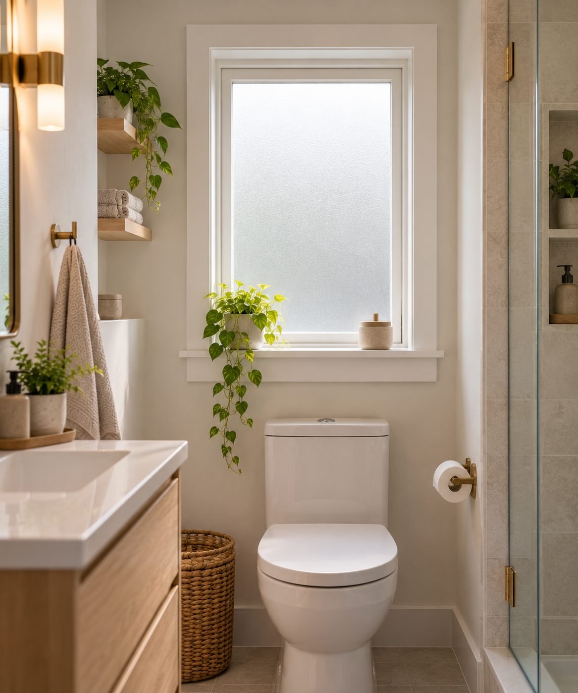 A small bathroom window with a sheer privacy film instead of heavy curtains, letting in maximum natural light
