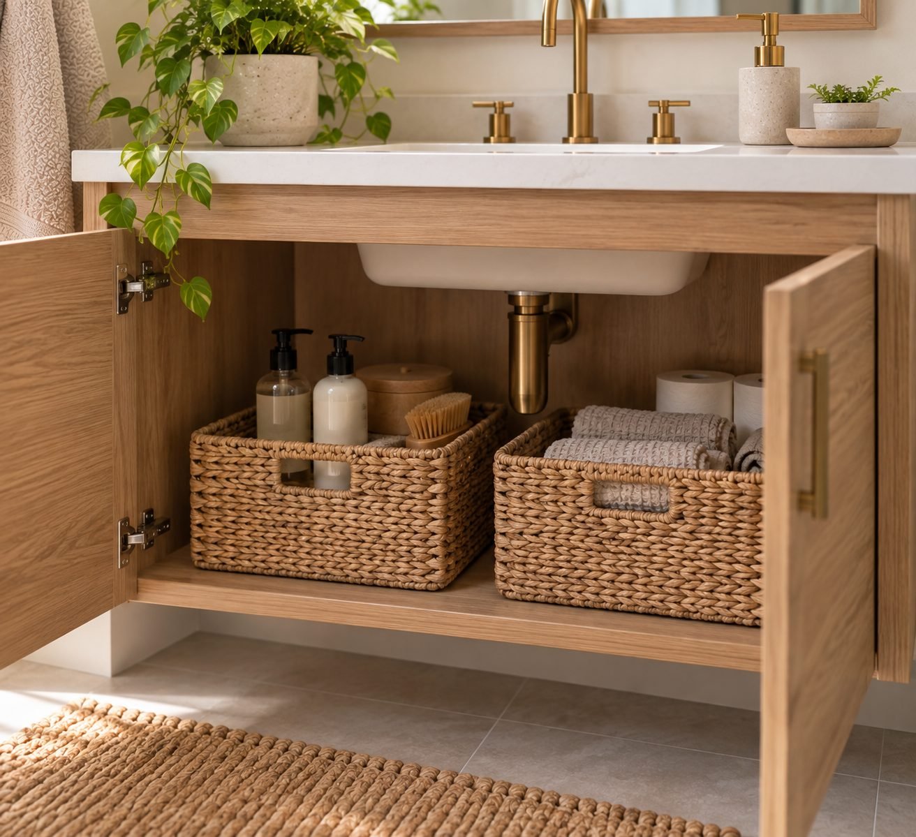 Woven storage baskets organized inside an open cabinet under a bathroom sink, holding toiletries and cleaning supplies