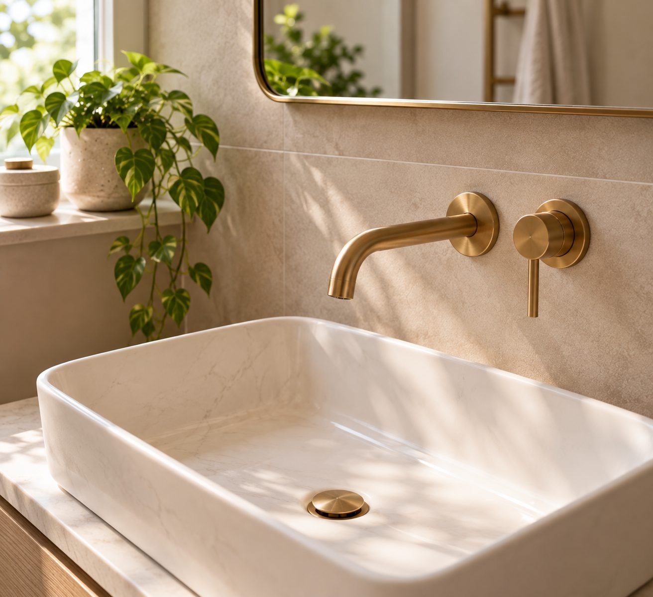 A small bathroom sink with a wall-mounted faucet instead of a deck-mounted one, leaving more counter surface visible
