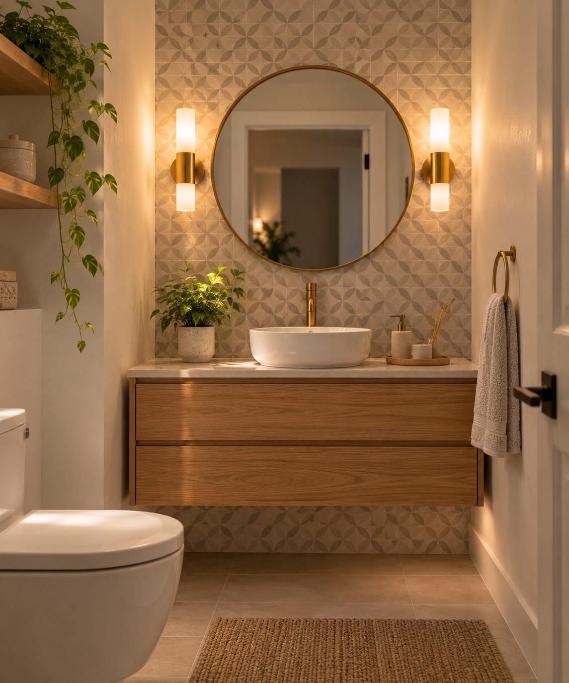 A small bathroom with one wall finished in a patterned tile behind the vanity, while the remaining walls stay plain and light