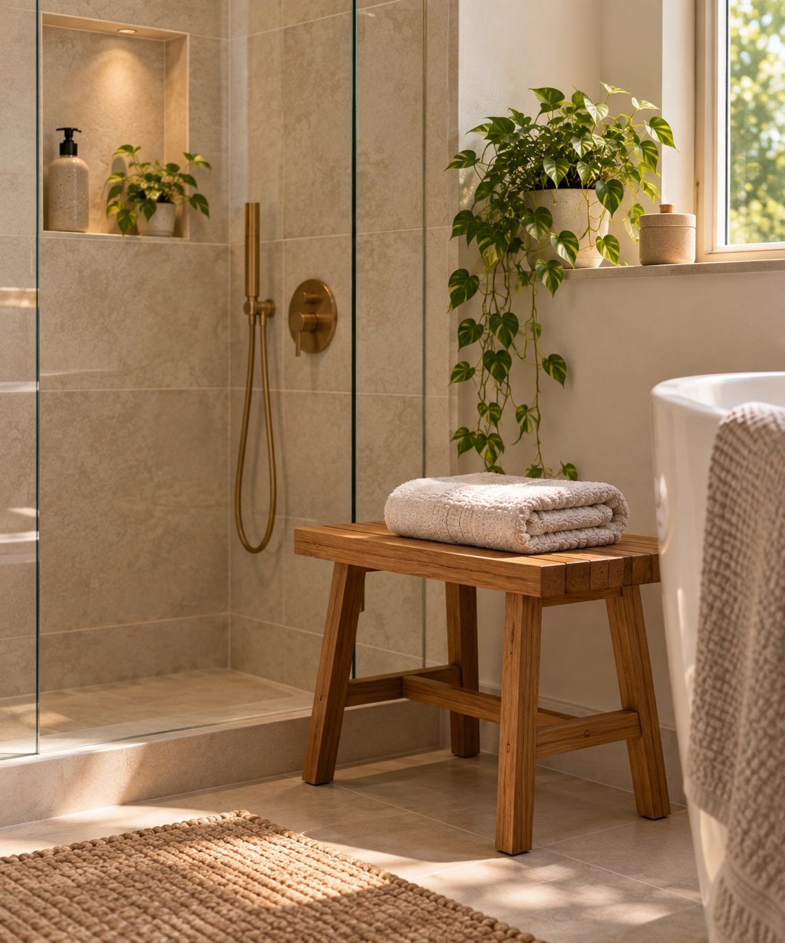 A small teak bench inside a bathroom near the shower, used for towels and a moment of calm rather than as storage