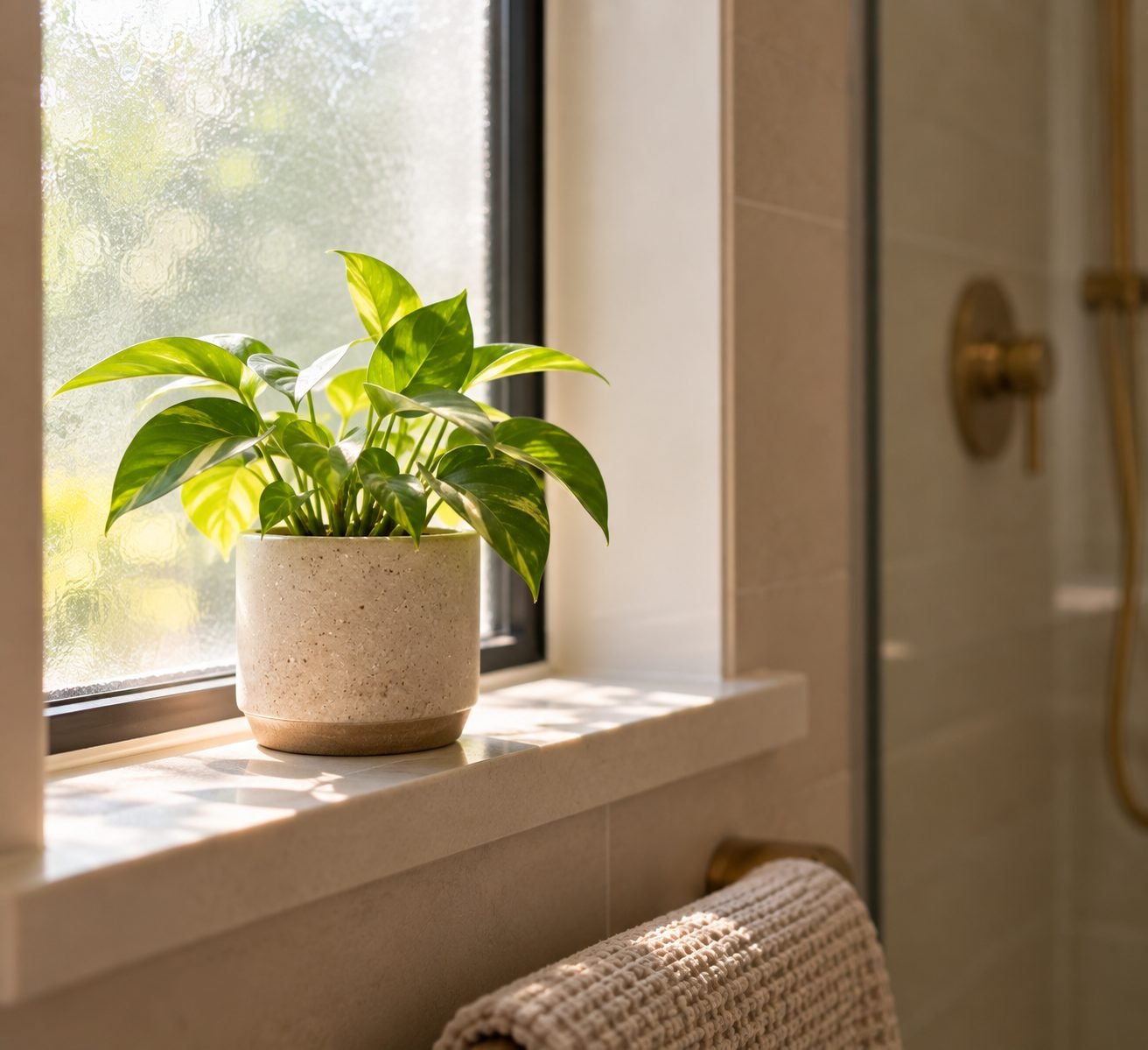 A single small potted plant on a bathroom windowsill, the rest of the room left calm and uncluttered