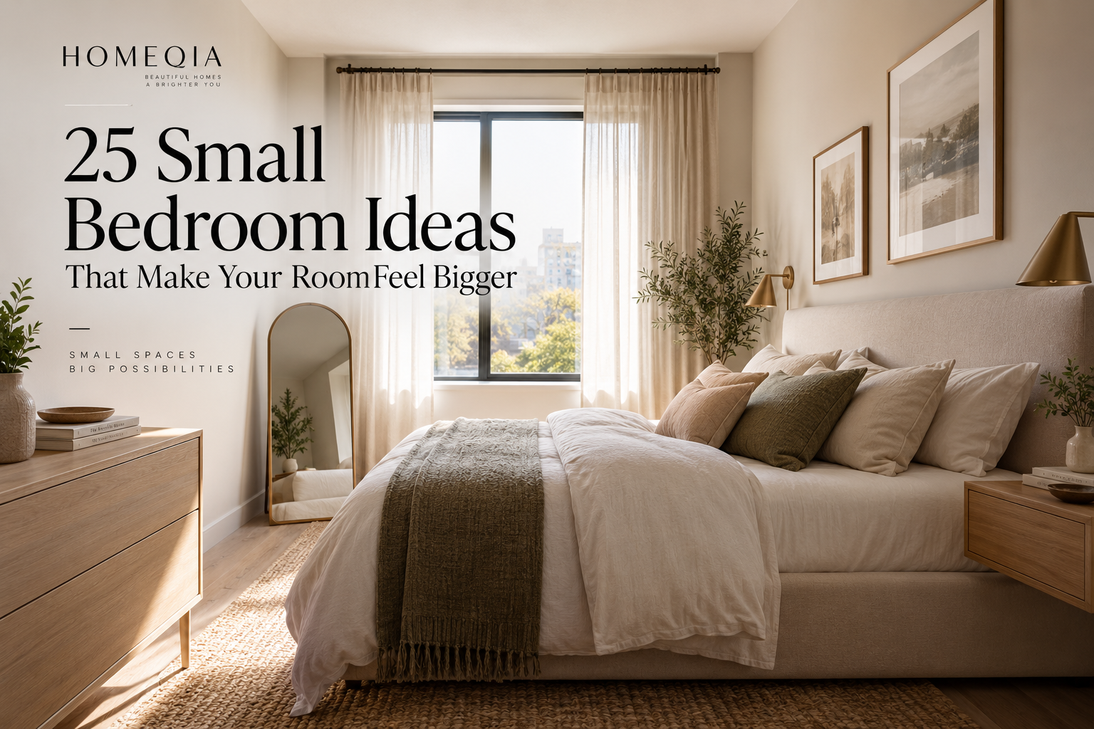 A softly lit small bedroom with an upholstered bed dressed in cream linens, olive green and beige pillows, and a woven throw, next to a large window with sheer curtains, an arched floor mirror, a light wood dresser, and framed art on the wall