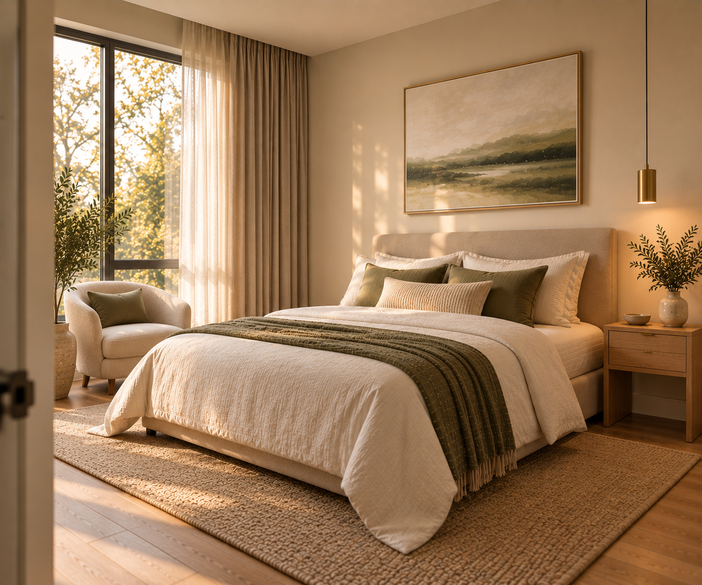 Small bedroom viewed from an open doorway, with a beige upholstered bed, floor-length sheer and linen curtains, a landscape painting above the headboard, a cream armchair with an olive green cushion, a brass pendant light, and a jute area rug