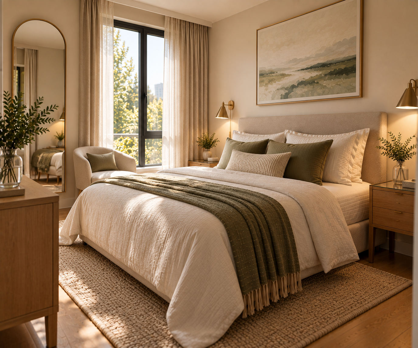 Bedroom corner with a tall arched floor mirror surrounded by potted plants, a bed with olive green and cream pillows, brass wall sconces flanking the headboard, wood nightstands, and a window with sheer curtains overlooking city buildings