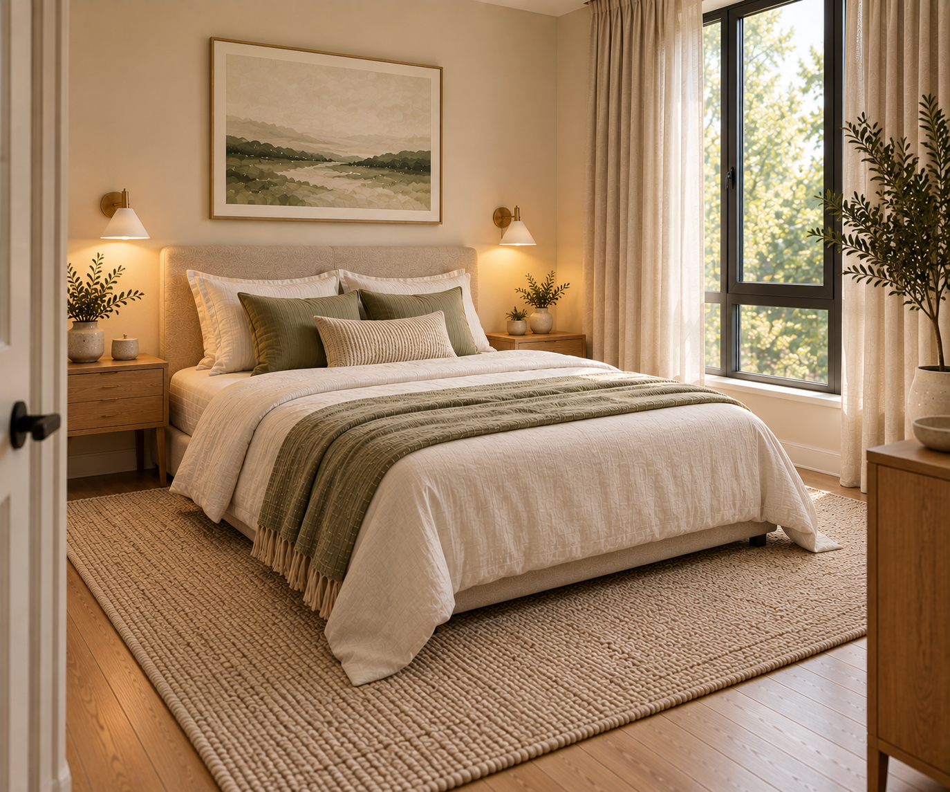 Bedroom with a wood-frame bed, olive green and cream pillows, brass wall sconces flanking a landscape painting, sheer curtains over a large window, and a woven jute rug on wood flooring