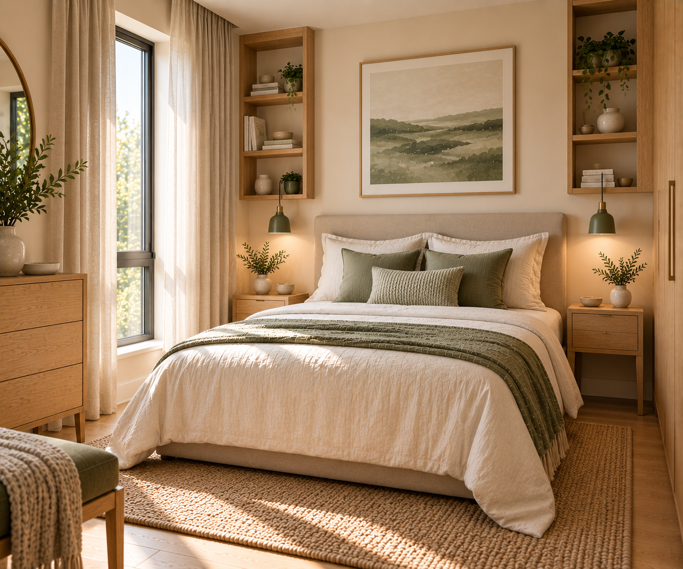 Bedroom with built-in wood shelving on either side of the bed displaying books and potted plants, green pendant lights, an arched mirror in the corner, an olive green ottoman with a knit throw, and sheer curtains by the window