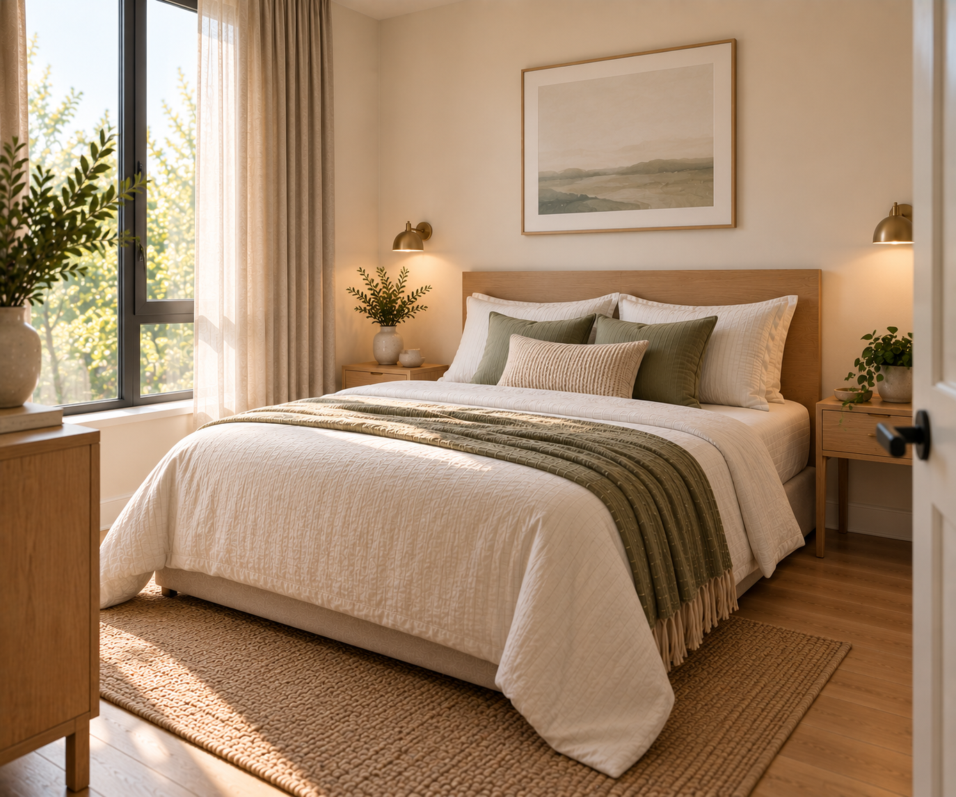 Bedroom with a wood slat headboard, brass wall sconces, a bedside table with a potted plant, sheer curtains and floor-length drapes by a large window, and a jute area rug