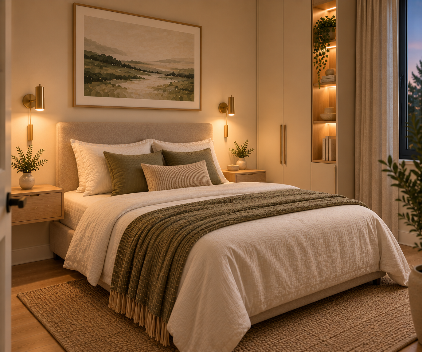 Bedroom at dusk with brass cylindrical wall sconces flanking the bed, a floating wood wall-mounted nightstand with a small plant on the left, and a built-in wall niche with warm lighting displaying books and a trailing plant on the right