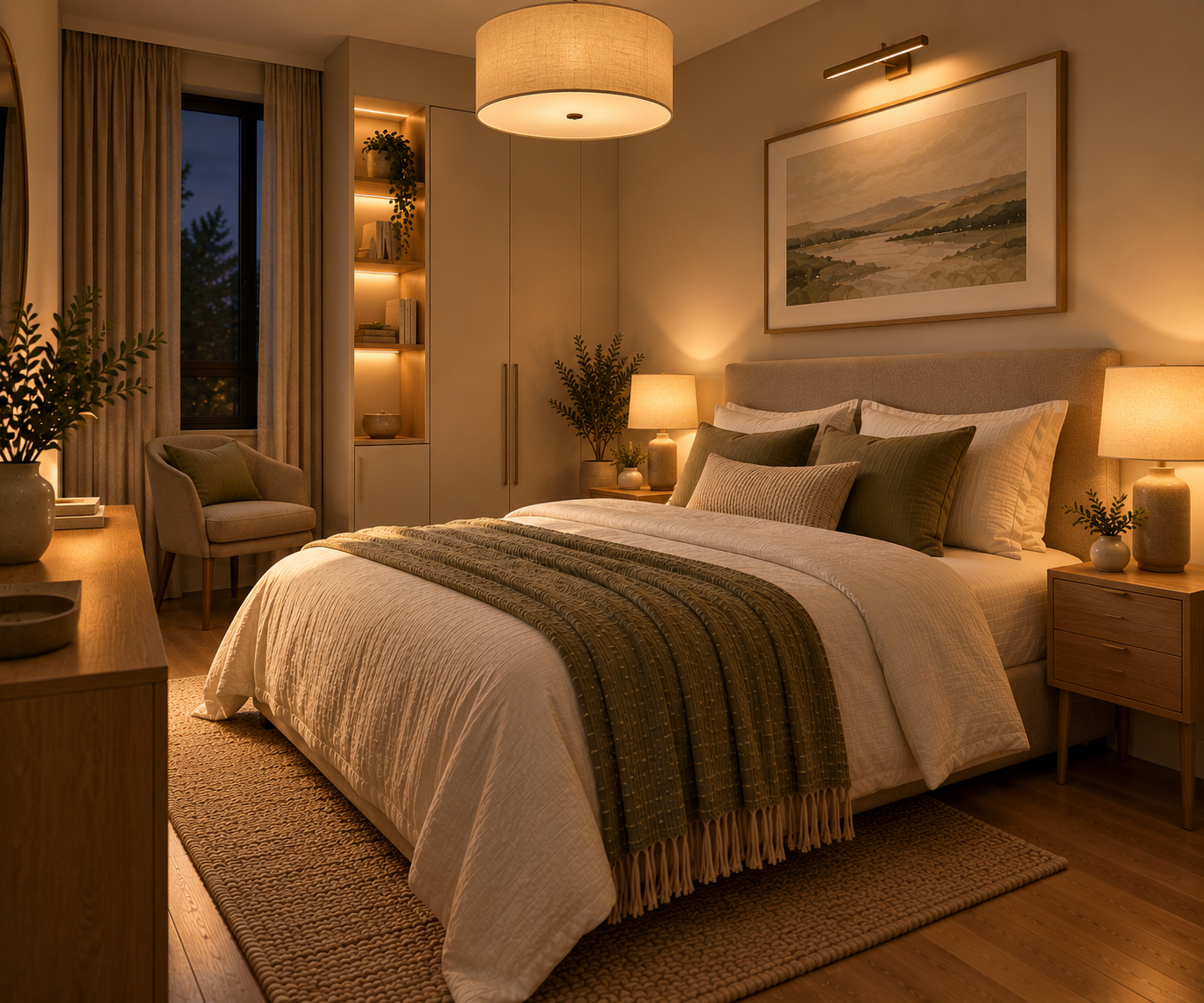 Bedroom at dusk lit by a large fabric drum pendant light and a ceramic table lamp on a wood three-drawer nightstand, with a built-in lit wall niche, an armchair, and a landscape painting above the bed