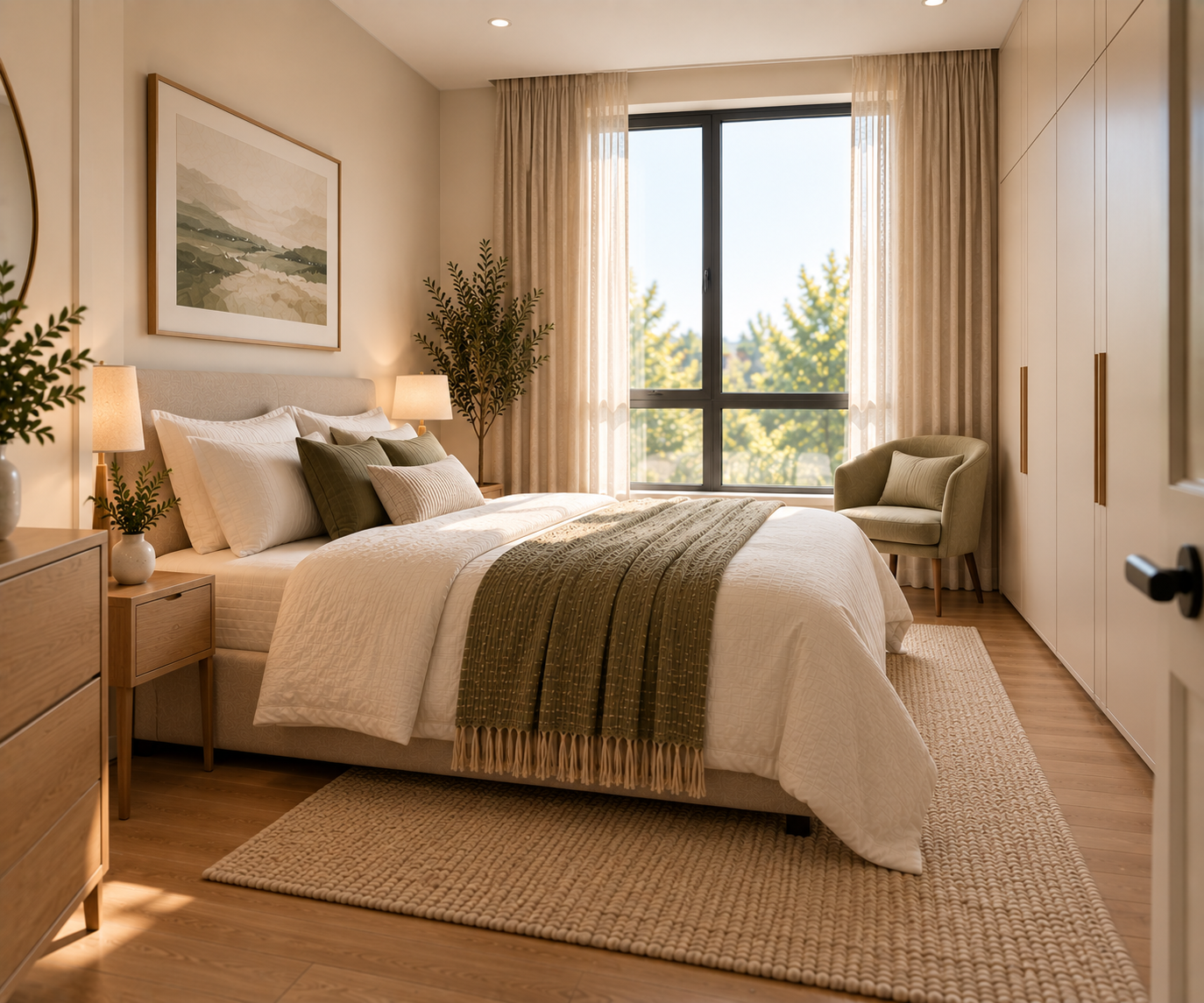 Bright bedroom with sheer and linen curtains framing a large window, a floor-to-ceiling built-in wardrobe with brass pulls, an olive green accent chair, and a jute rug