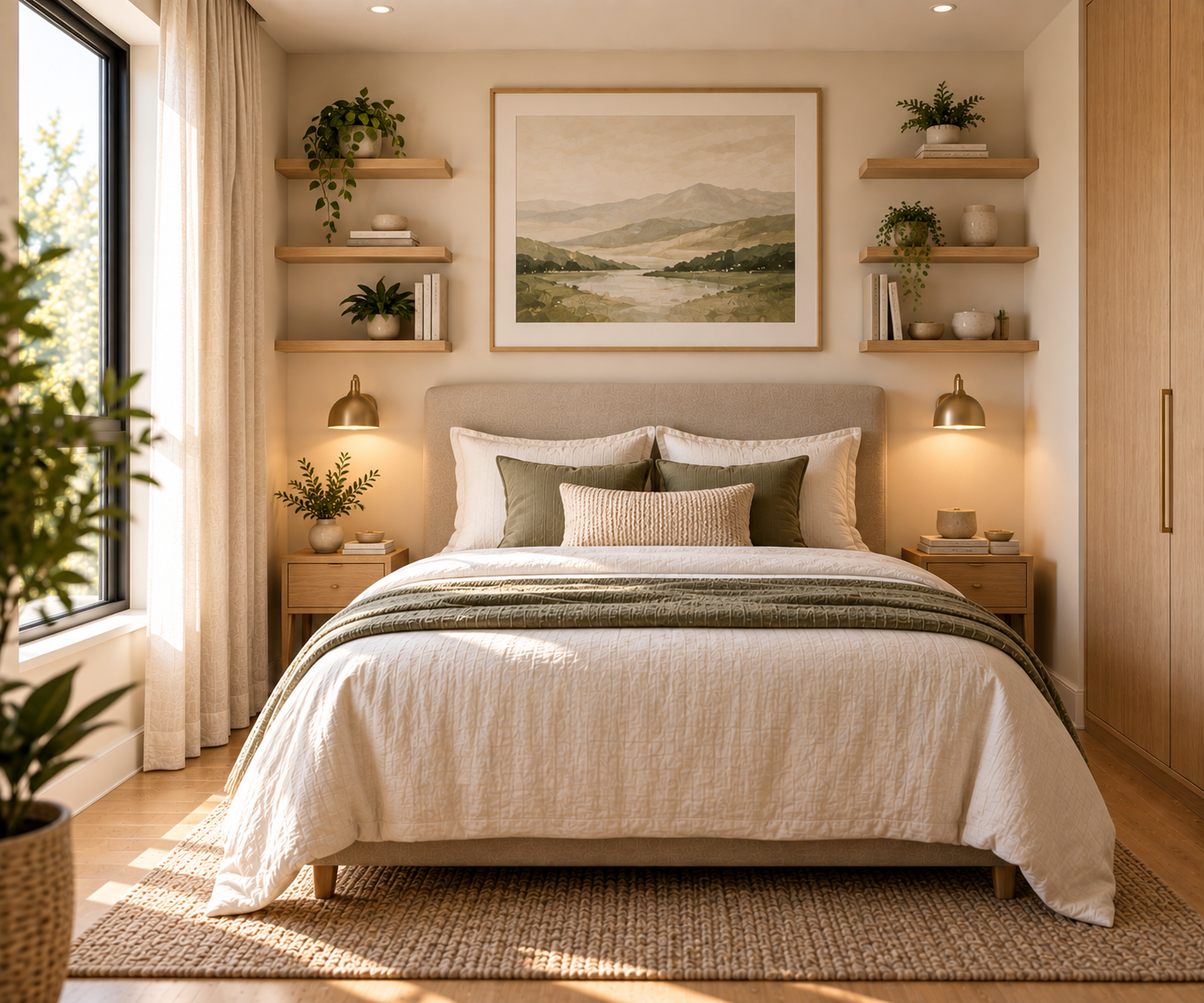 Bedroom with open wood wall shelves on either side of the bed displaying plants, books and decorative bowls, brass wall sconces beneath the shelves, and a landscape painting centered above the headboard