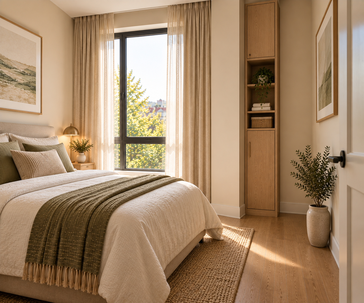 Bedroom at golden hour with sheer and linen curtains by a window overlooking rooftops and trees, a brass table lamp on a wood nightstand, and a narrow built-in storage tower with an open shelf holding a plant and folded towels