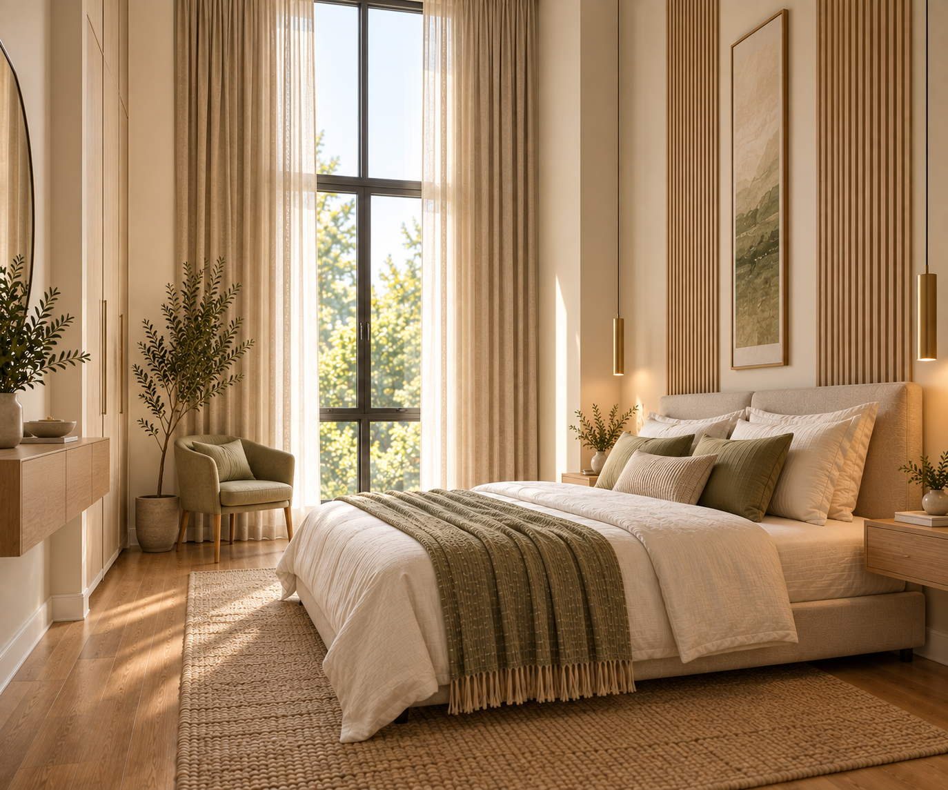 Tall bedroom with floor-to-ceiling sheer and linen curtains, vertical wood wall panelling and a vertical landscape painting above the bed, brass pendant lights on cords beside a floating wood nightstand and wall-mounted cabinet, and an olive green accent chair by the window